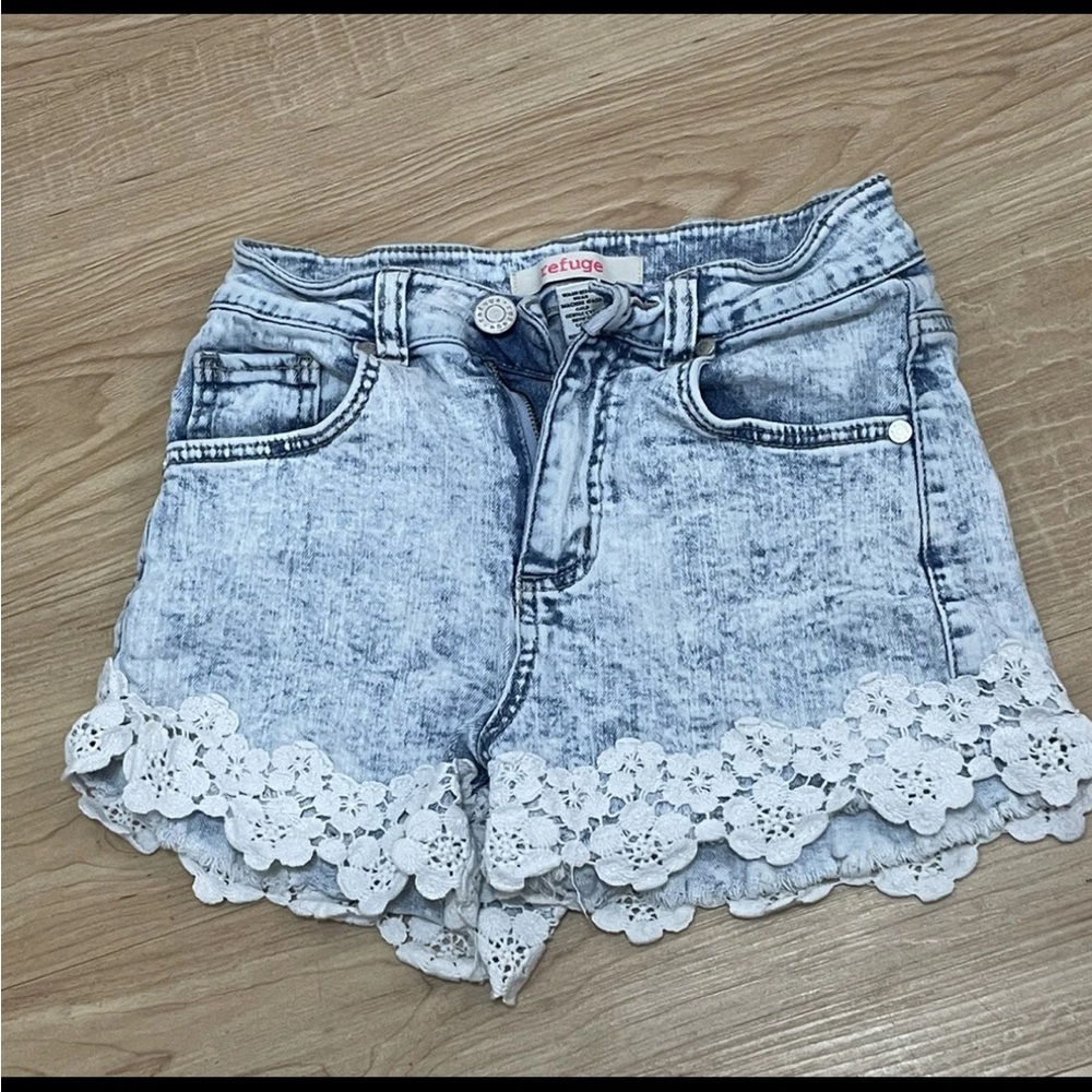 Refuge Light Blue Jean Shorts with White Lace Trim
